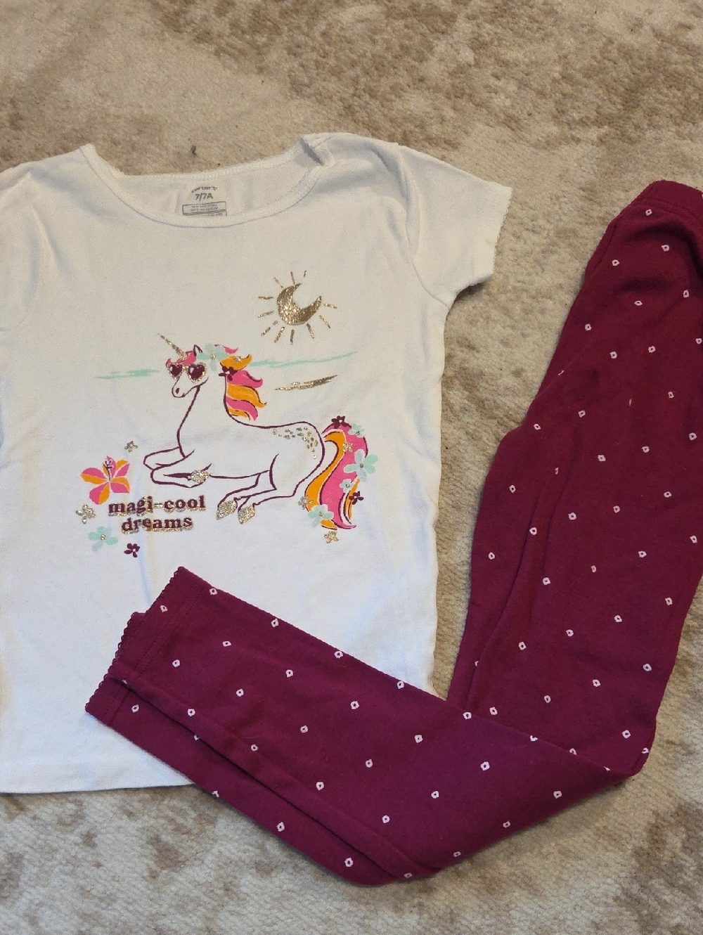 Cqrters White Unicorn Pajama Set with Burgundy Pants